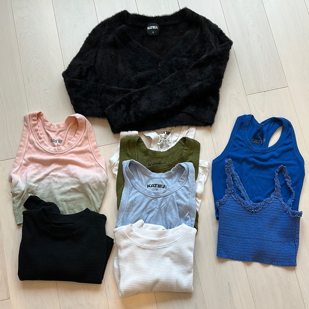 KatieJNYC Bundle - Black Fuzzy Cardigan, Waffle Knits, and Assorted Tank Tops